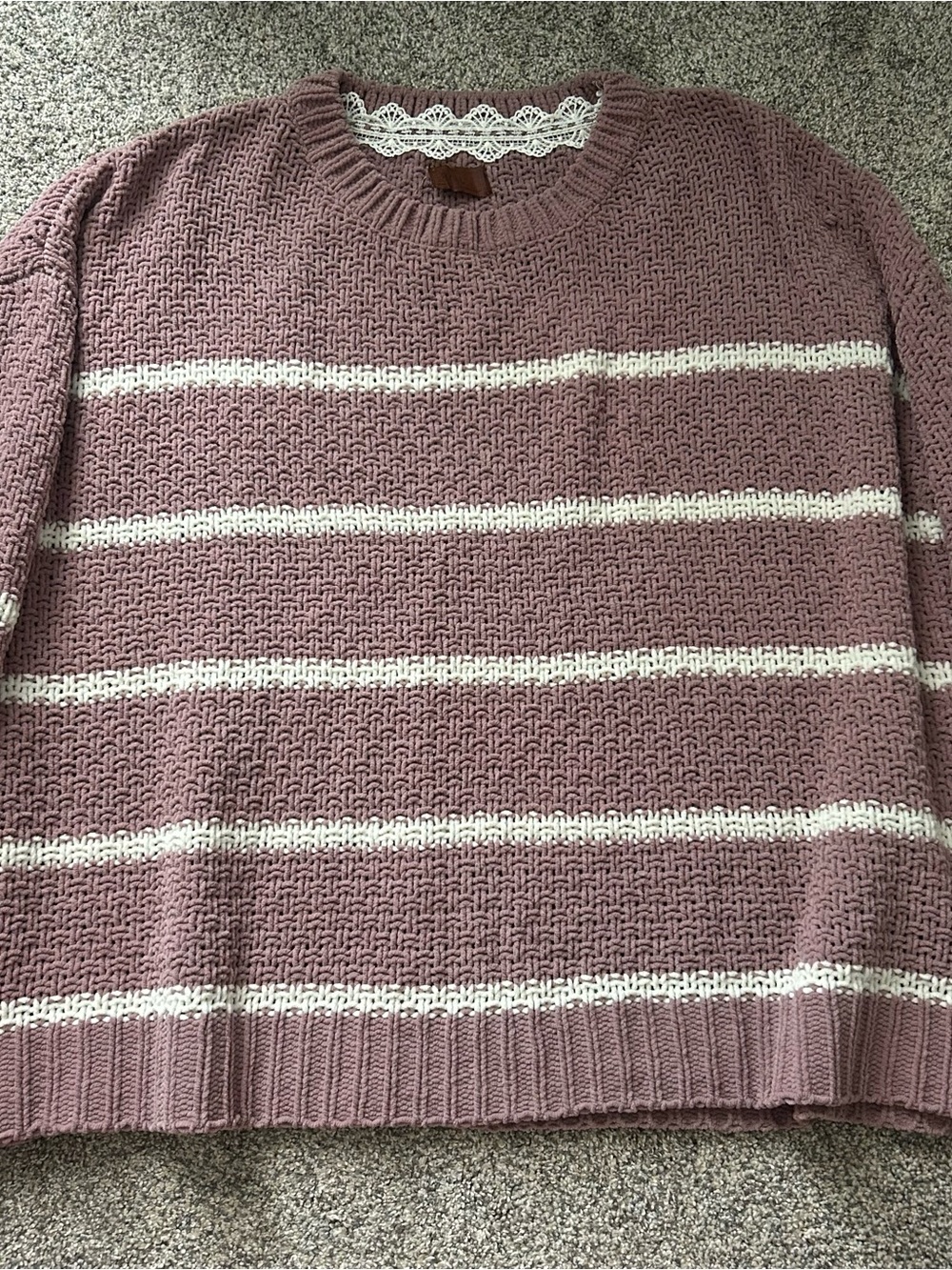 Mauve Striped Knit Sweater with White Lace Trim